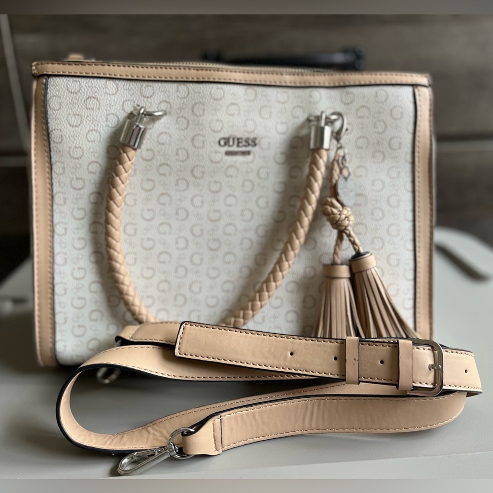 GUESS White and Tan Purse + Crossbody Strap